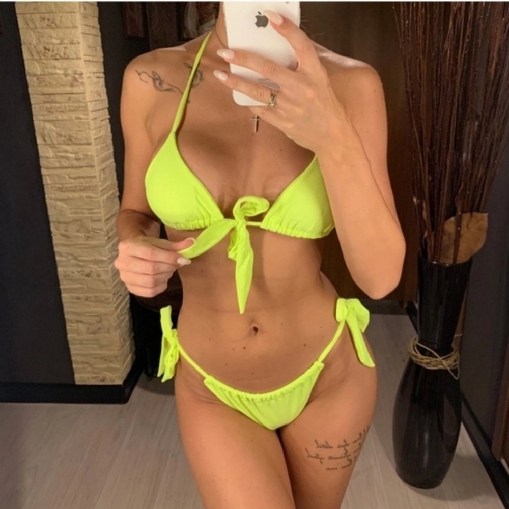 New Neon Slide Triangle Top and Slide Side Tie Bottom Bikini Set Swimsuit Size L - Picture 2 of 8